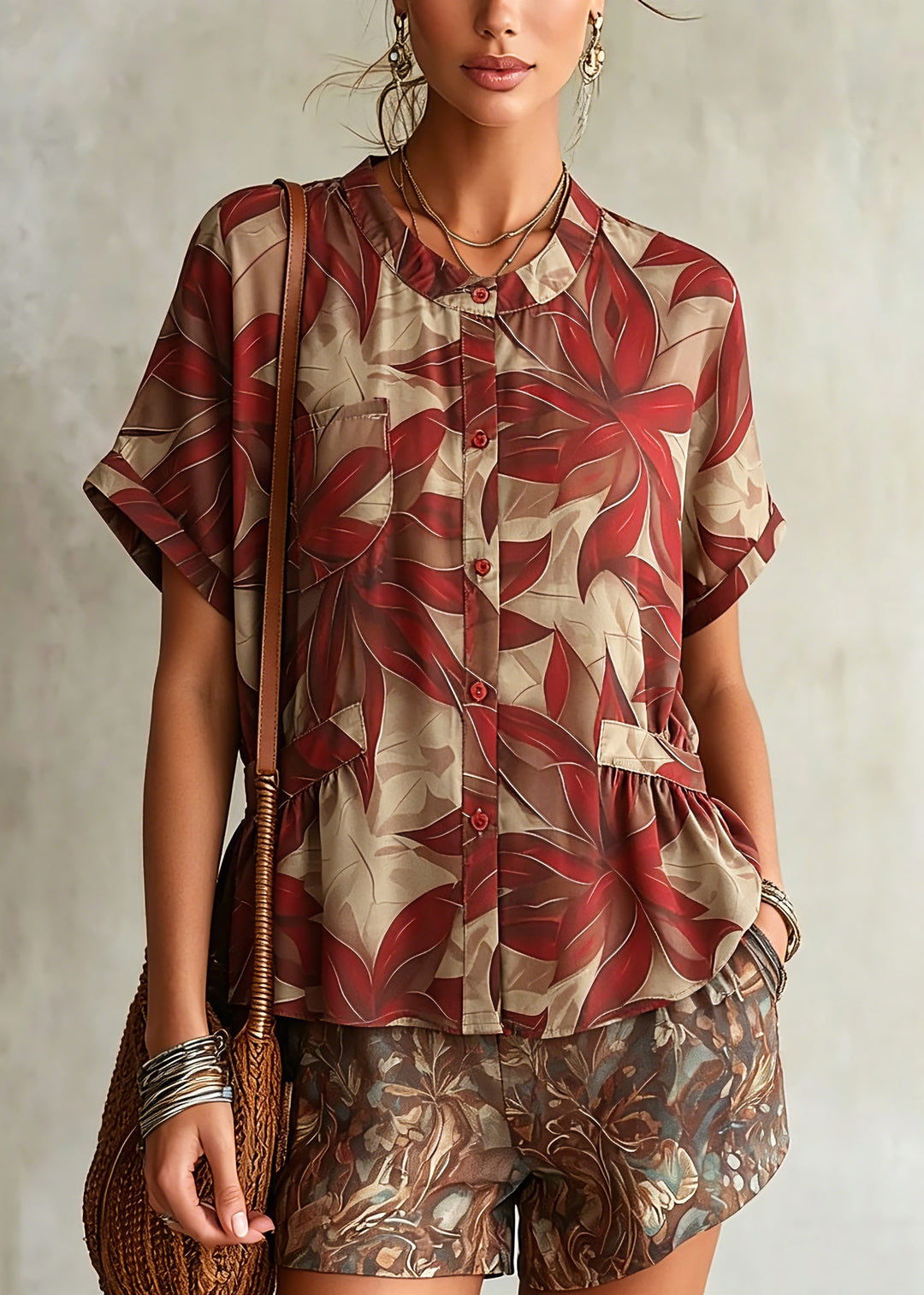 Loose Red O-Neck Print Shirt Chiffon Short Sleeve