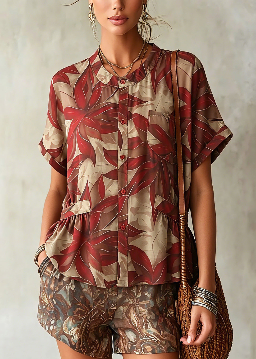 Loose Red O-Neck Print Shirt Chiffon Short Sleeve
