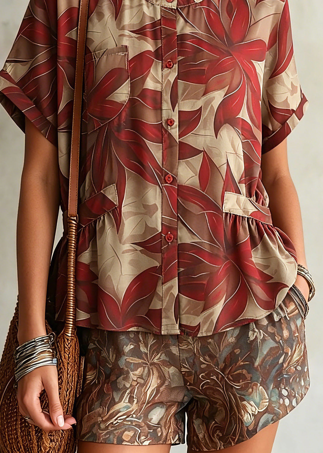 Loose Red O-Neck Print Shirt Chiffon Short Sleeve