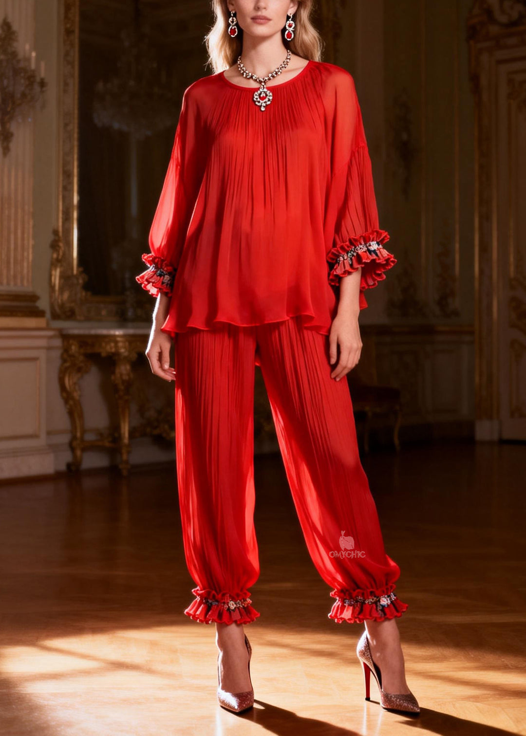 Loose Red O Neck Ruffled Tops And Crop Pants Two Piece Set Bracelet Sleeve