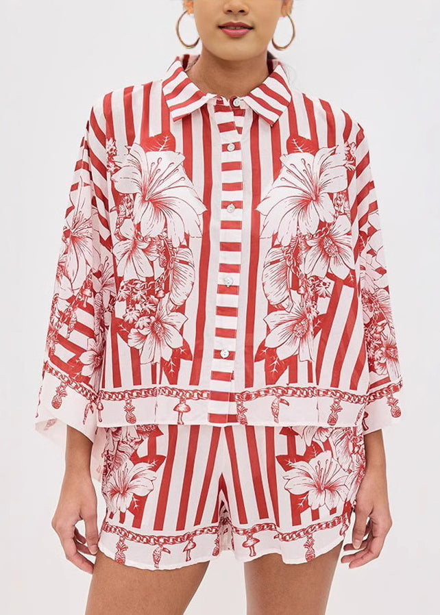 Loose Red Peter Pan Collar Print Sets 2 Pieces Summer