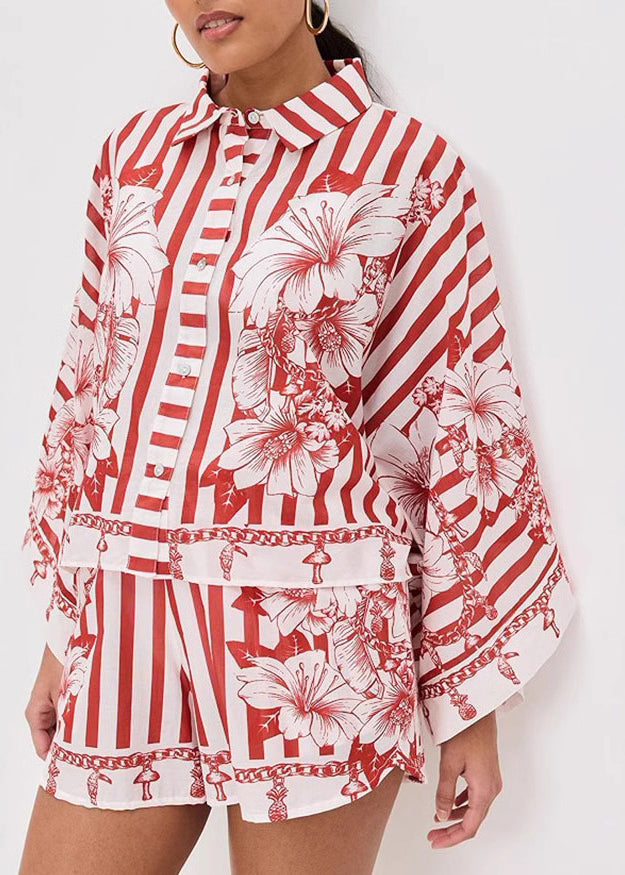 Loose Red Peter Pan Collar Print Sets 2 Pieces Summer