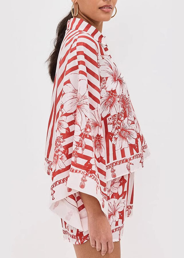 Loose Red Peter Pan Collar Print Sets 2 Pieces Summer