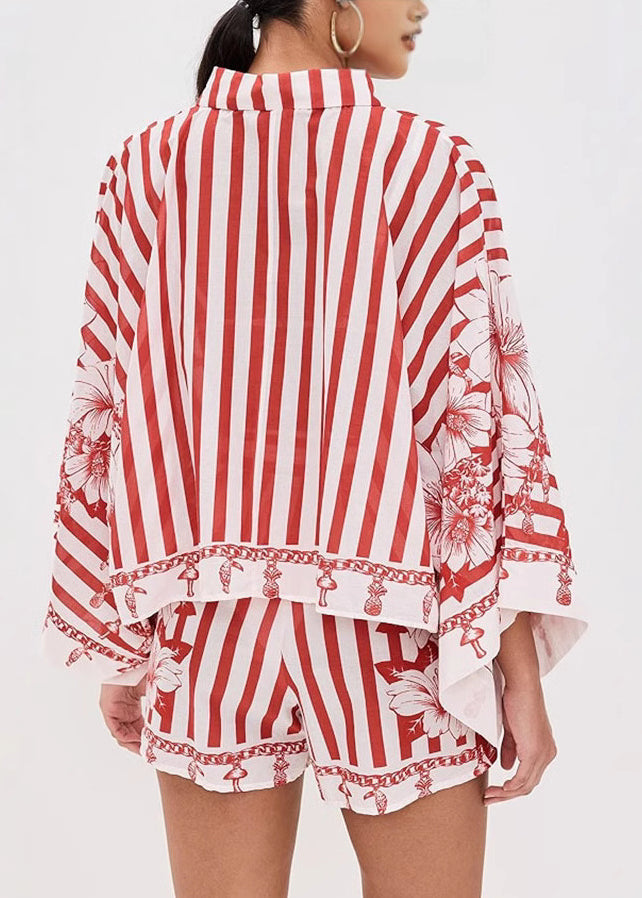 Loose Red Peter Pan Collar Print Sets 2 Pieces Summer