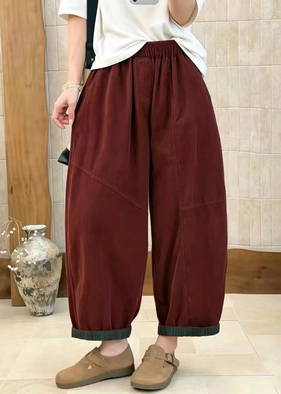 Loose Red Pockets Elastic Waist High Waist Corduroy Crop Pants Fall