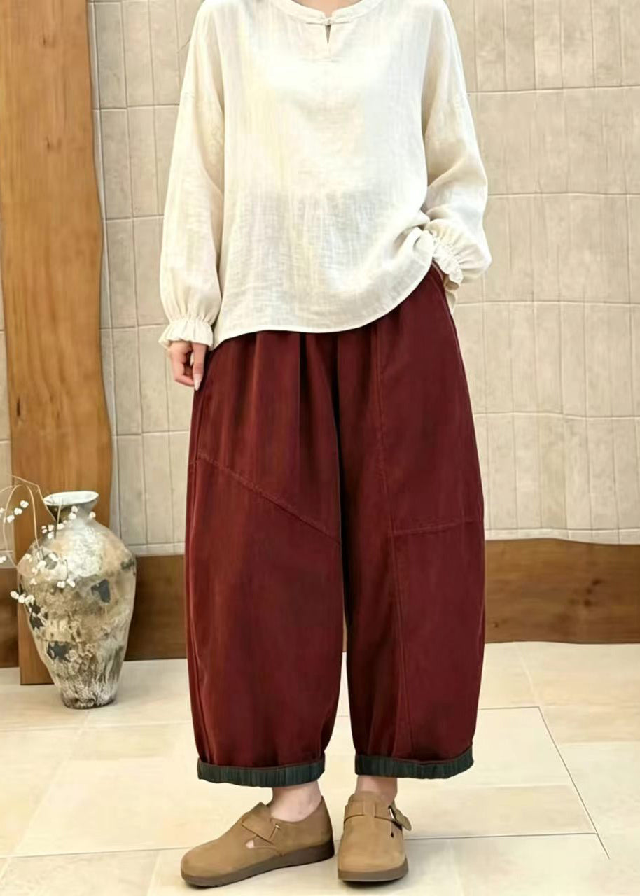 Loose Red Pockets Elastic Waist High Waist Corduroy Crop Pants Fall