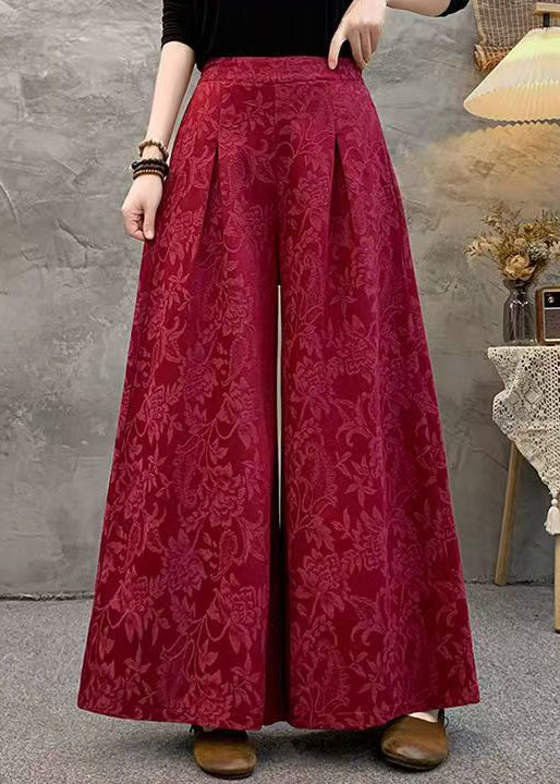 Loose Red Pockets Jacquard Silk Wide Leg Pants Fall