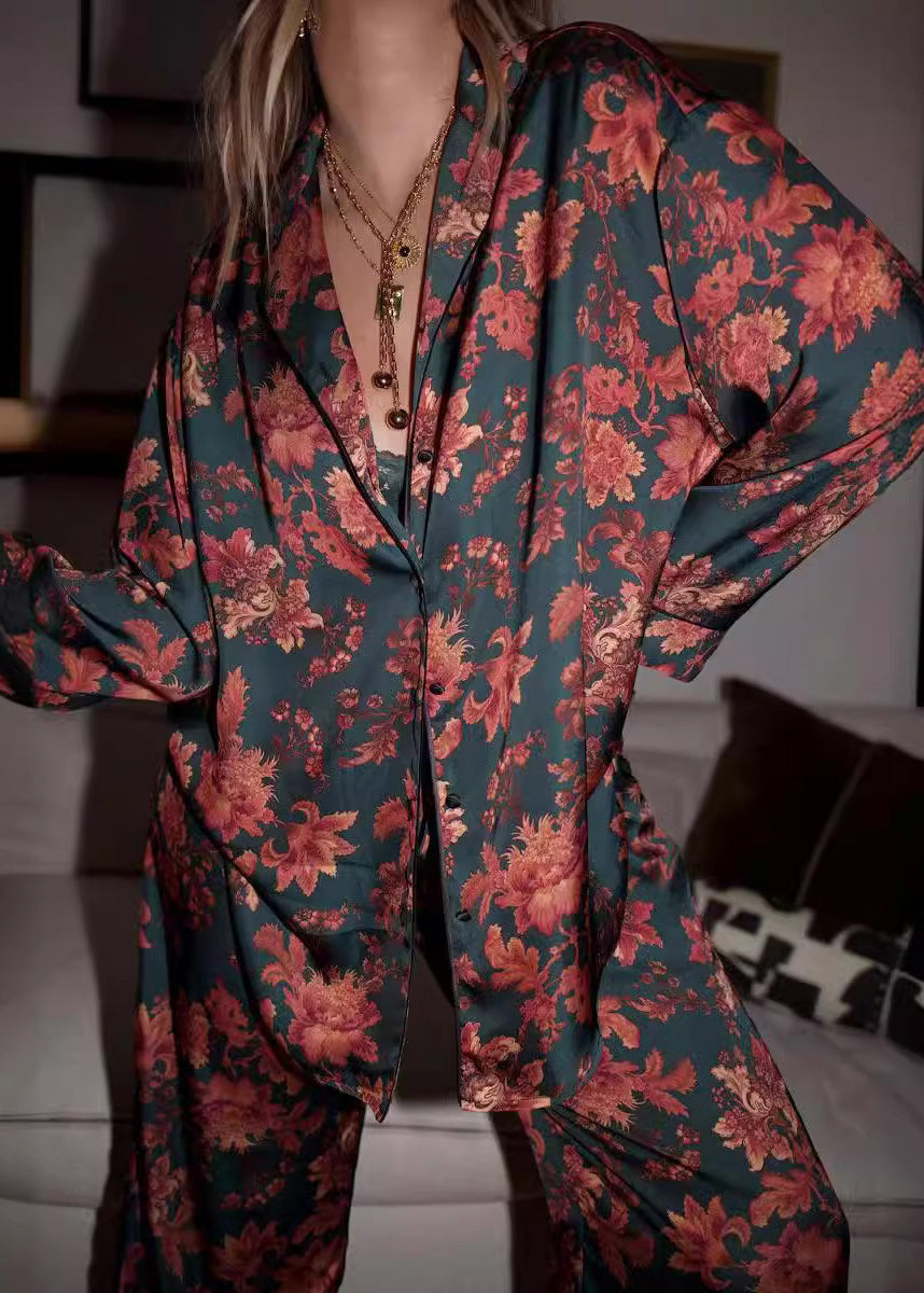 Loose Red Print Button Cotton Pajamas Two Piece Set Spring