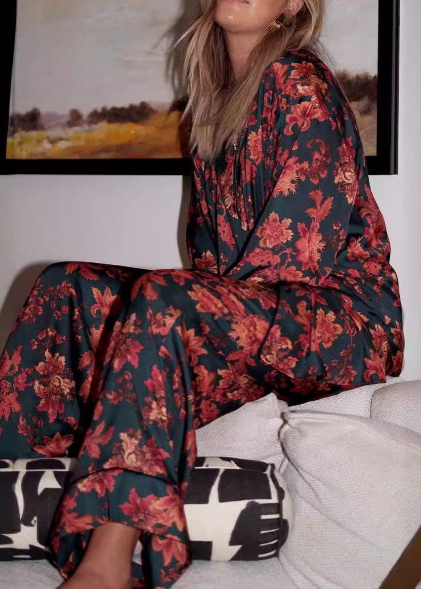 Loose Red Print Button Cotton Pajamas Two Piece Set Spring