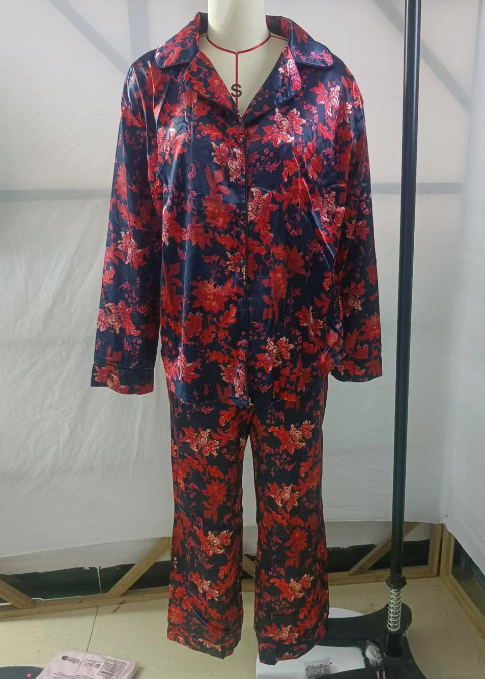 Loose Red Print Button Cotton Pajamas Two Piece Set Spring