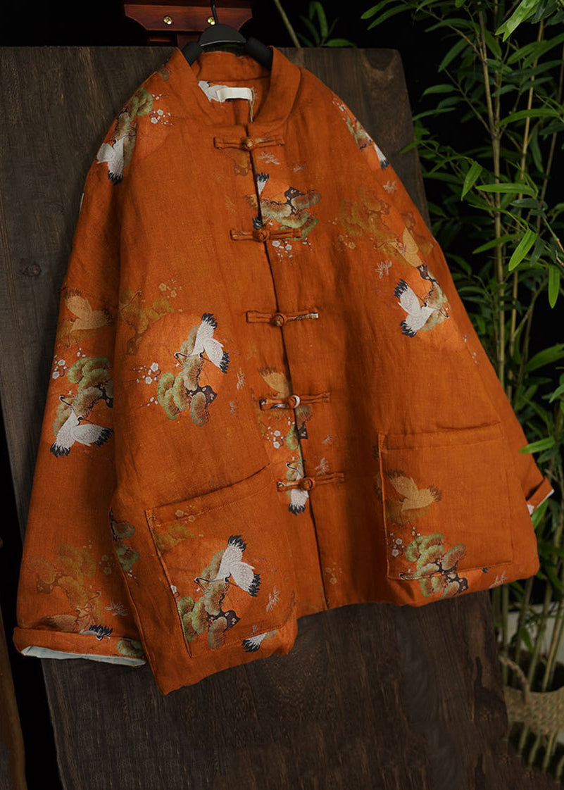 Loose Red Print Chinese Button Pockets Fine Cotton Coats Spring