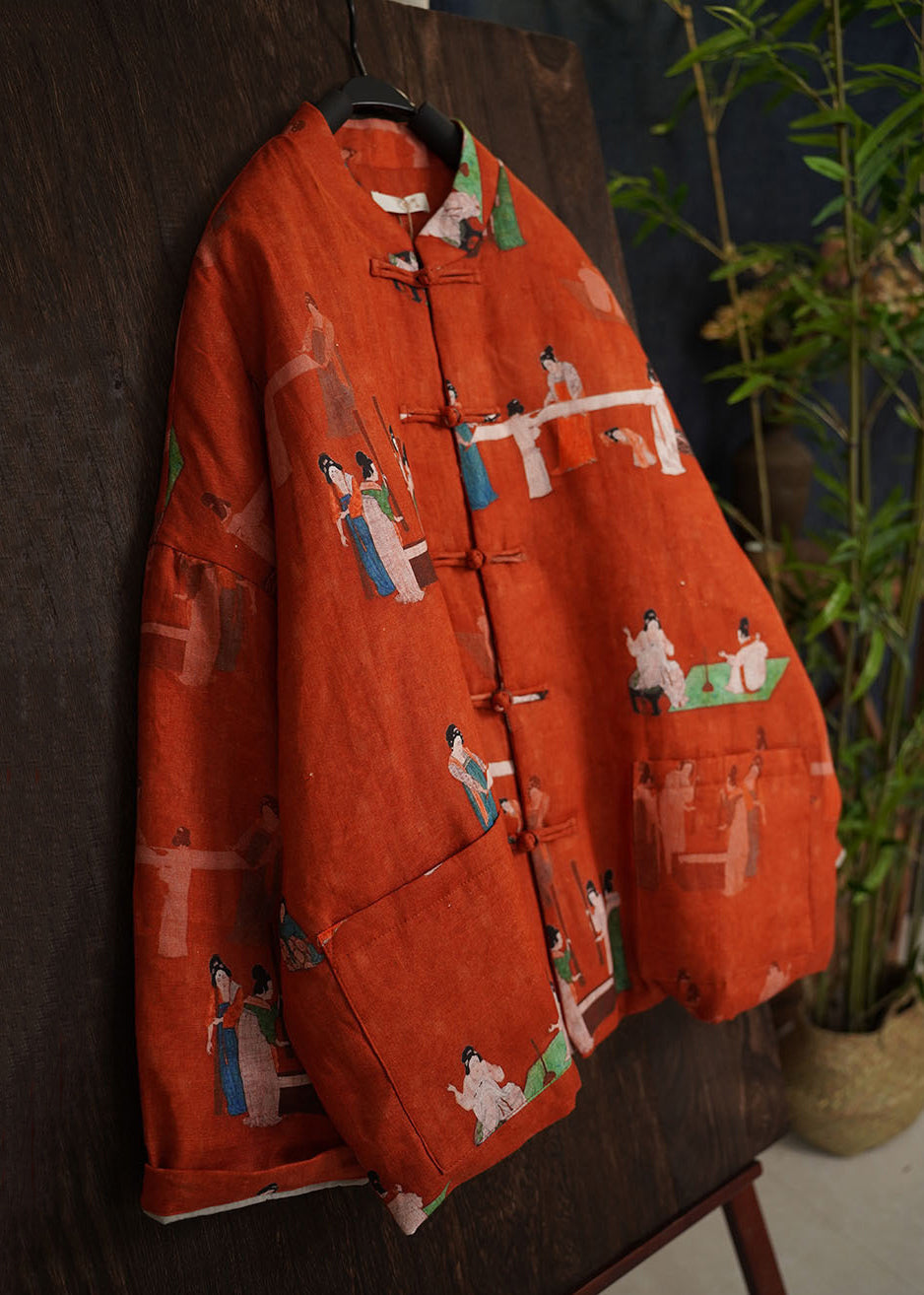 Loose Red Print Chinese Button Pockets Fine Cotton Coats Spring