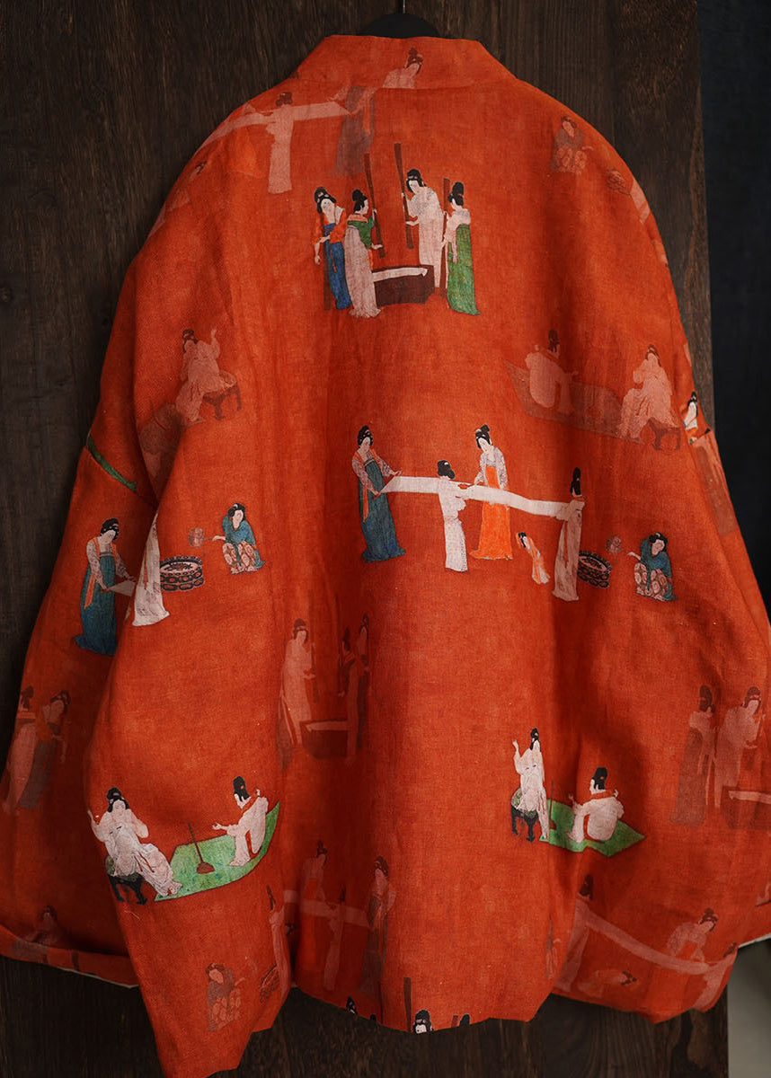 Loose Red Print Chinese Button Pockets Fine Cotton Coats Spring