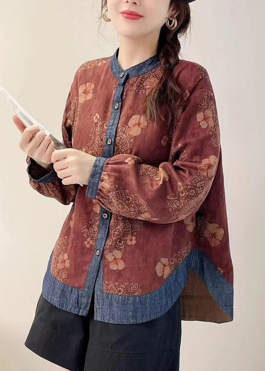 Loose Red Print Patchwork Shirt Spring