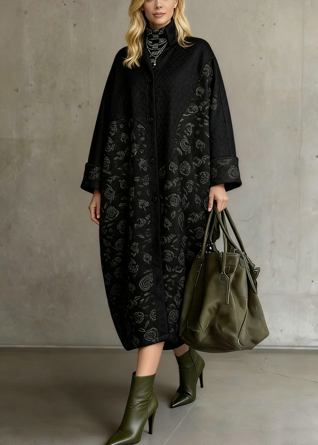Loose Red Stand Collar Print Pockets Warm Fleece Long Coats