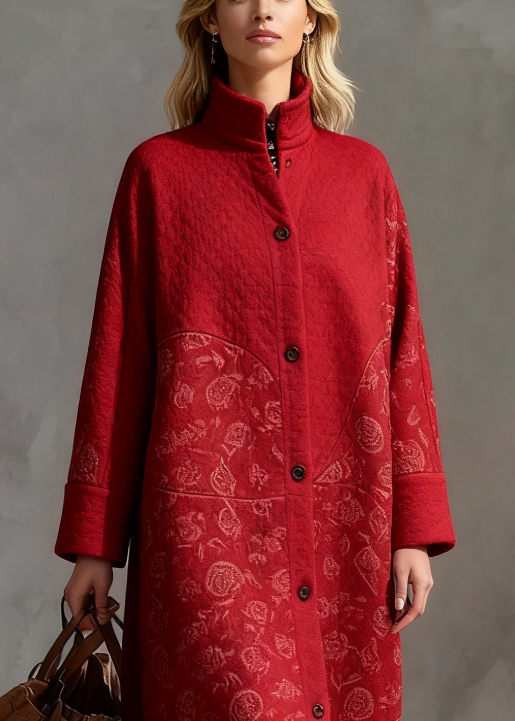 Loose Red Stand Collar Print Pockets Warm Fleece Long Coats