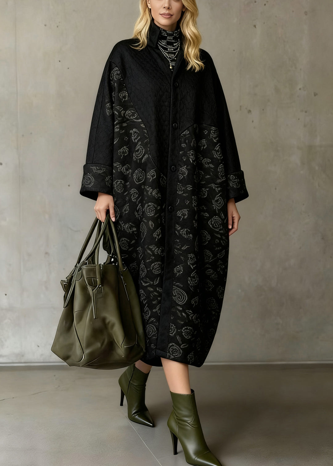 Loose Red Stand Collar Print Pockets Warm Fleece Long Coats
