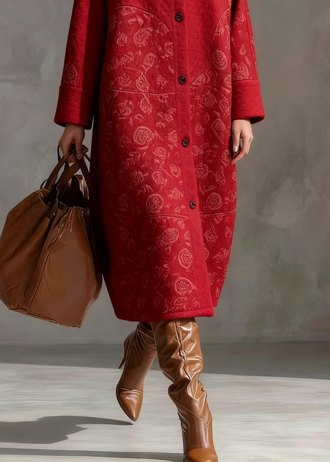 Loose Red Stand Collar Print Pockets Warm Fleece Long Coats