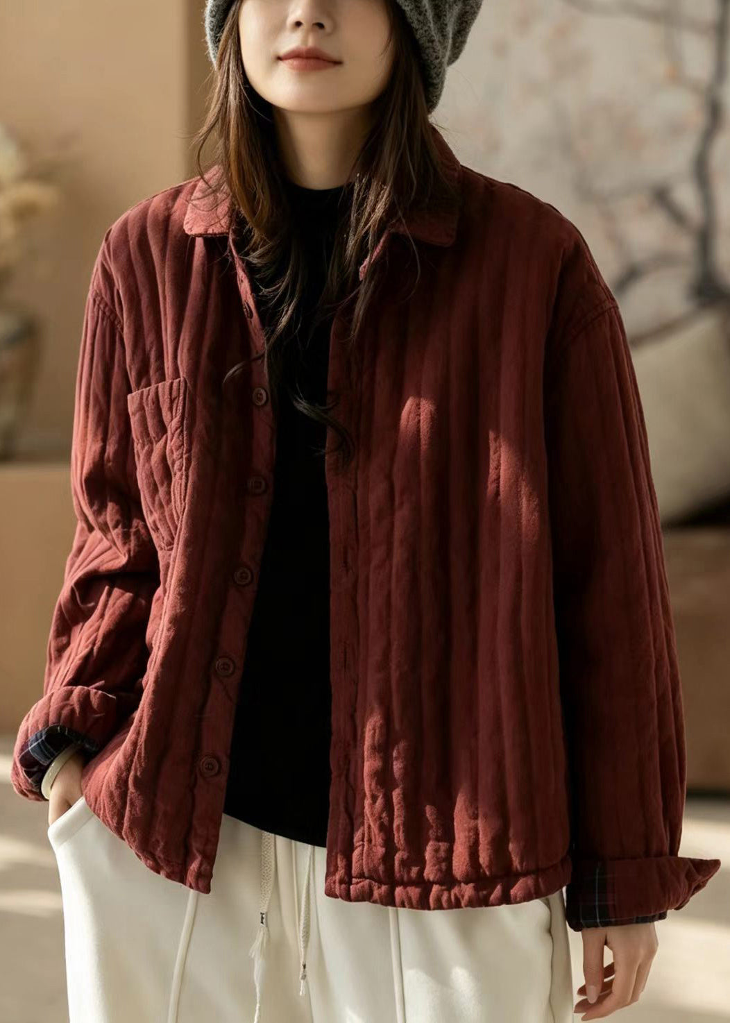 Loose Red Turn-Down Collar Quilted Cotton Filled Jacket Winter