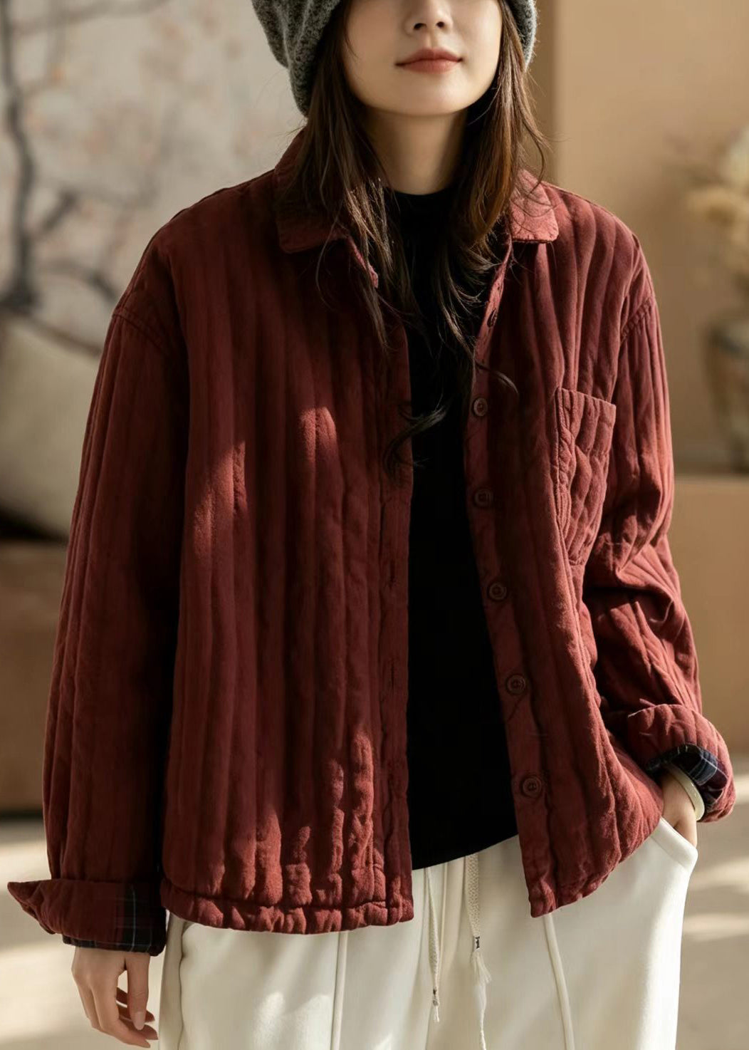 Loose Red Turn-Down Collar Quilted Cotton Filled Jacket Winter