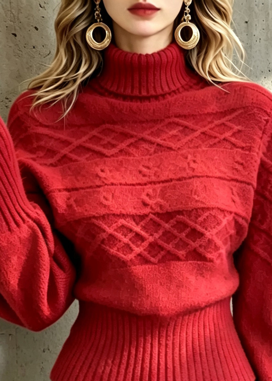 Loose Red Turtleneck Knit Sweater Long Sleeve