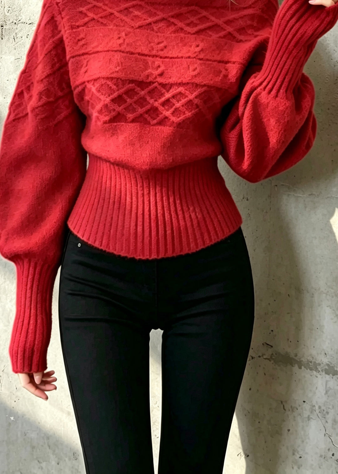 Loose Red Turtleneck Knit Sweater Long Sleeve