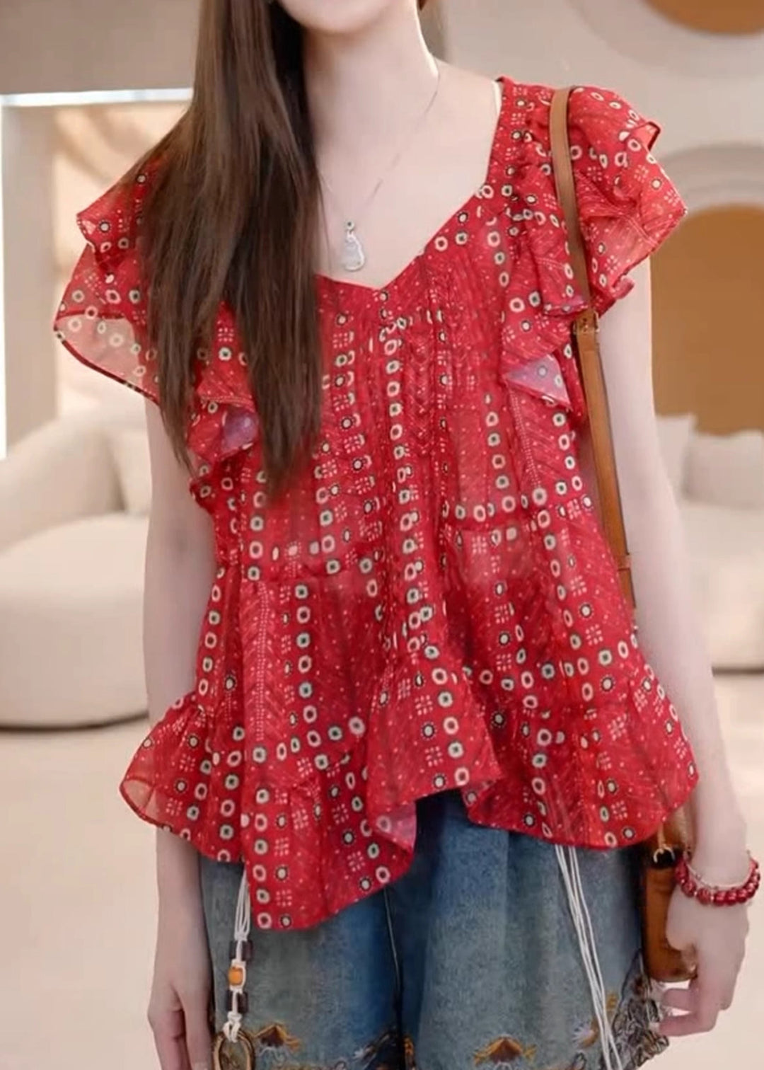 Loose Red V Neck Print Cotton Blouses Summer