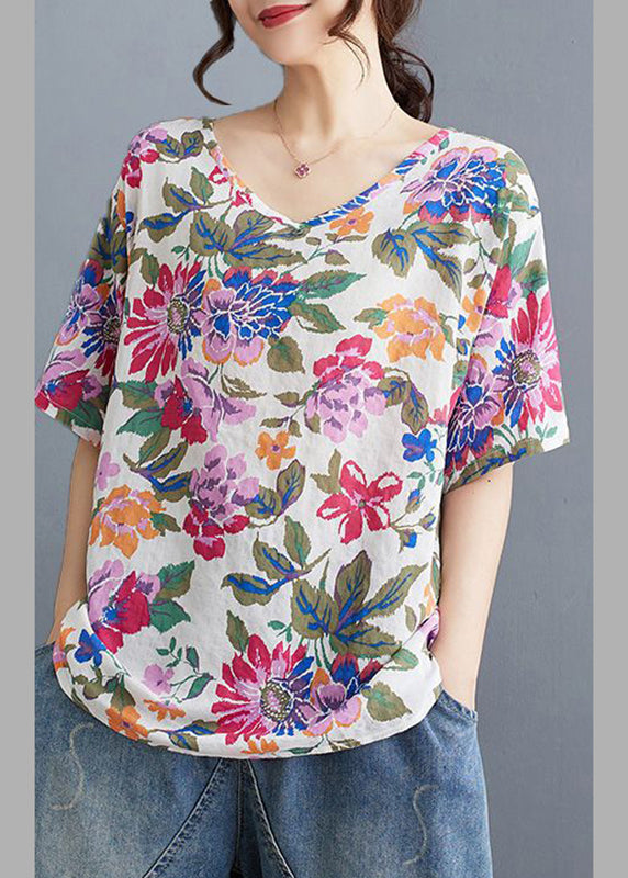 Loose Red V Neck Print T Shirt Summer