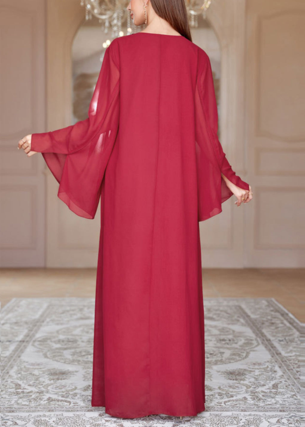 Loose Red V Neck Sequins Chiffon Maxi Dresses Spring