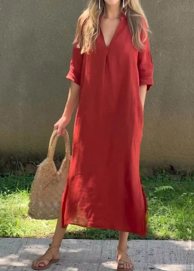 Loose Red V Neck Side Open Linen Holiday Dress Half Sleeve