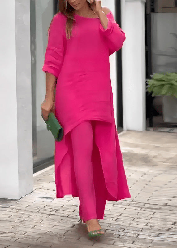 Loose Rose O-Neck Asymmetrical Solid Top And Straight Pants Two Pieces Set Summer