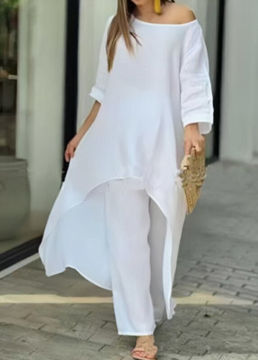 Loose Rose O-Neck Asymmetrical Solid Top And Straight Pants Two Pieces Set Summer