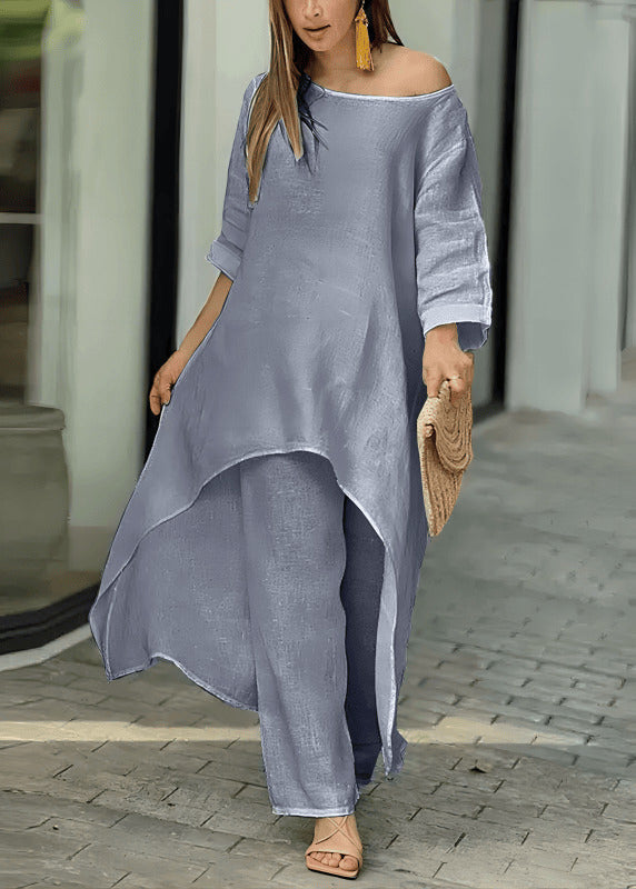 Loose Rose O-Neck Asymmetrical Solid Top And Straight Pants Two Pieces Set Summer