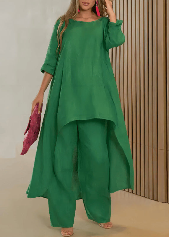Loose Rose O-Neck Asymmetrical Solid Top And Straight Pants Two Pieces Set Summer