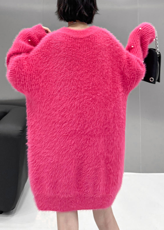 Loose Rose O Neck Pearl Mink Hair Knitted Sweater Winter