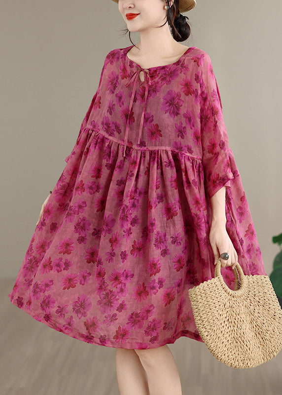 Loose Rose O Neck Print Patchwork Cotton Mid Dress Summer