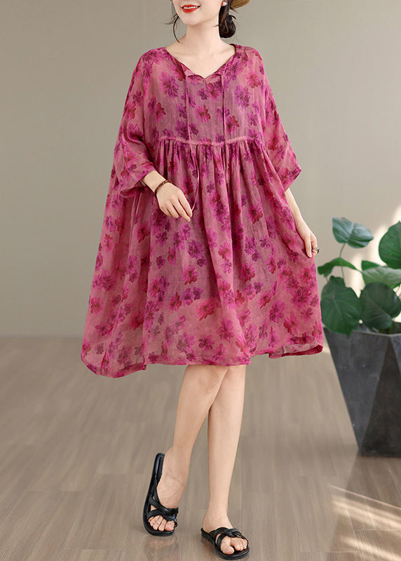 Loose Rose O Neck Print Patchwork Cotton Mid Dress Summer