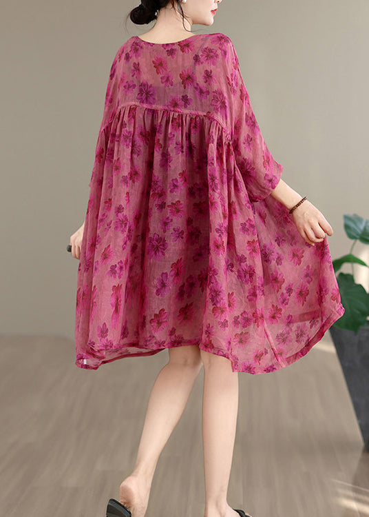 Loose Rose O Neck Print Patchwork Cotton Mid Dress Summer