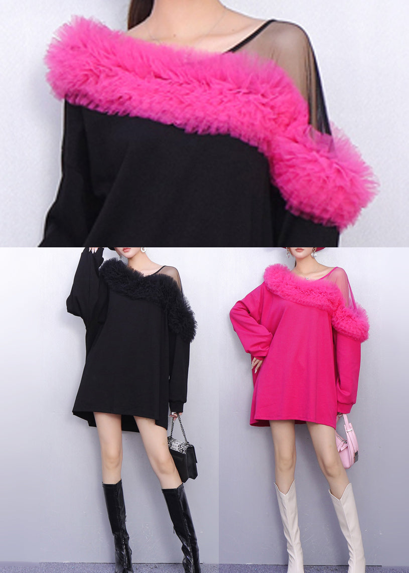 Loose Rose One Shoulder Patchwork Cotton Day Dress Spring