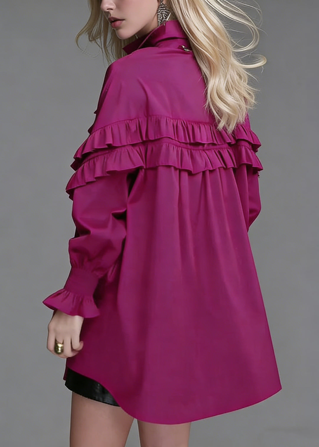 Loose Rose Ruffled Button Solid Cotton Blouse Lantern Sleeve