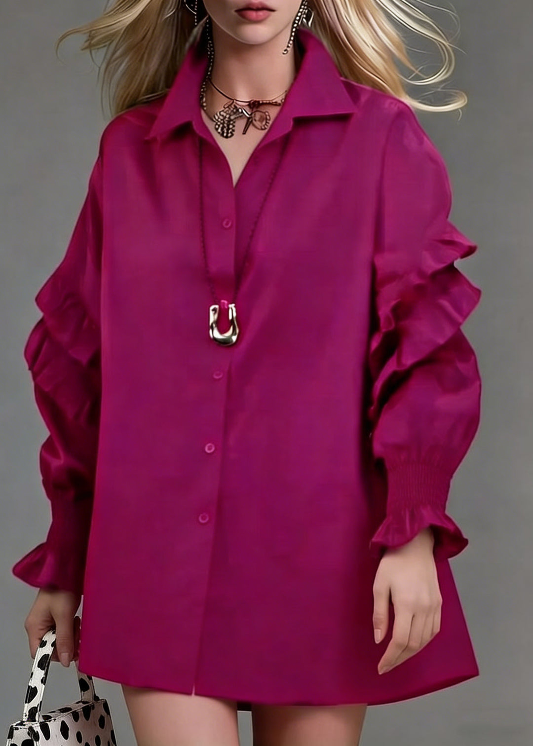 Loose Rose Ruffled Button Solid Cotton Blouse Lantern Sleeve