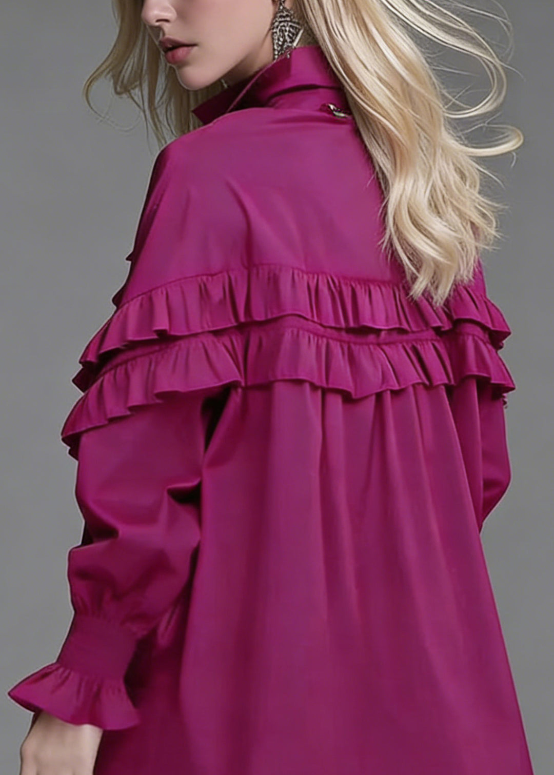 Loose Rose Ruffled Button Solid Cotton Blouse Lantern Sleeve