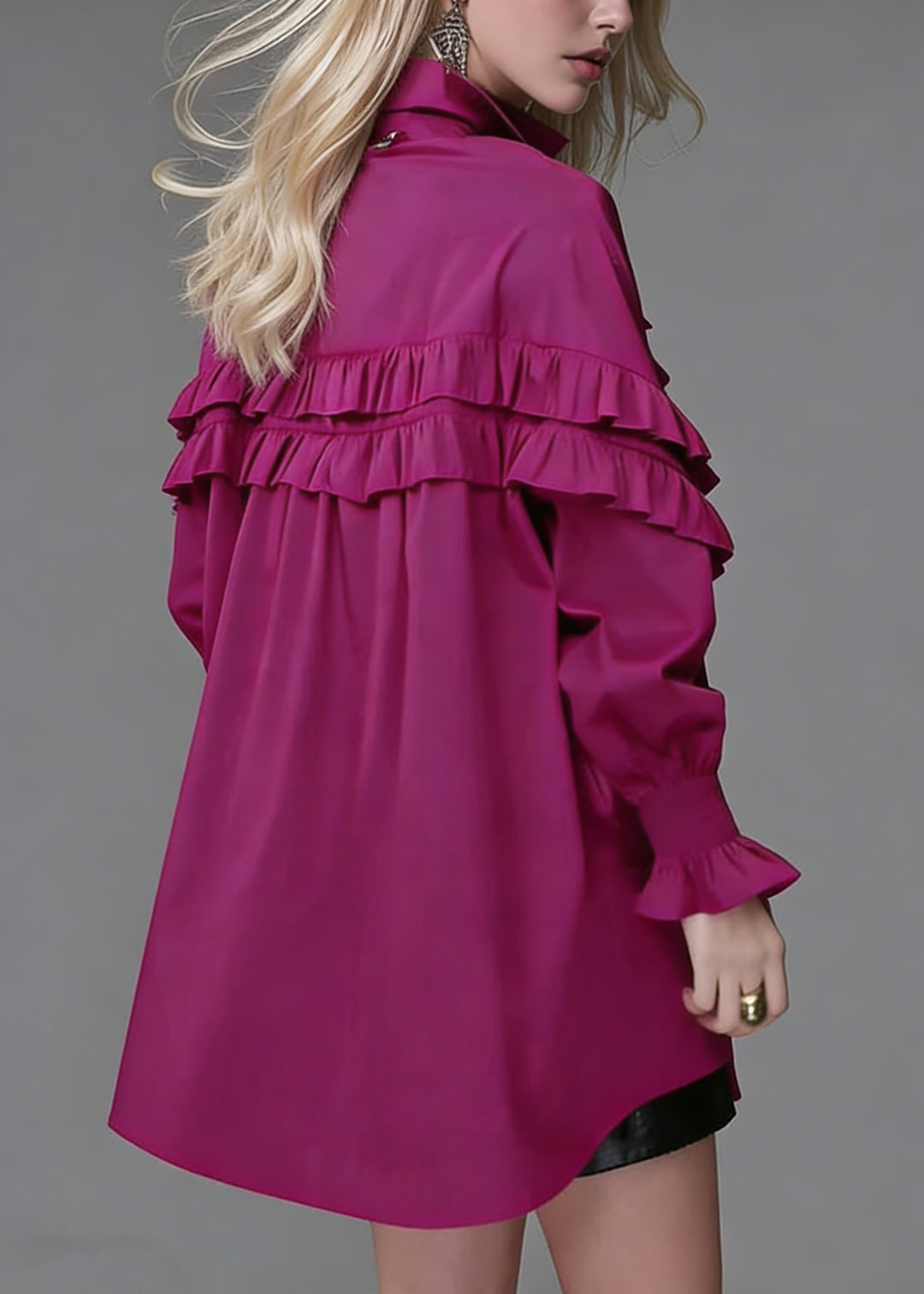 Loose Rose Ruffled Button Solid Cotton Blouse Lantern Sleeve