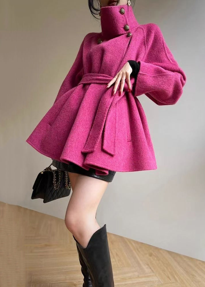Loose Rose Stand Collar Button Tie Waist Wool Coats Winter