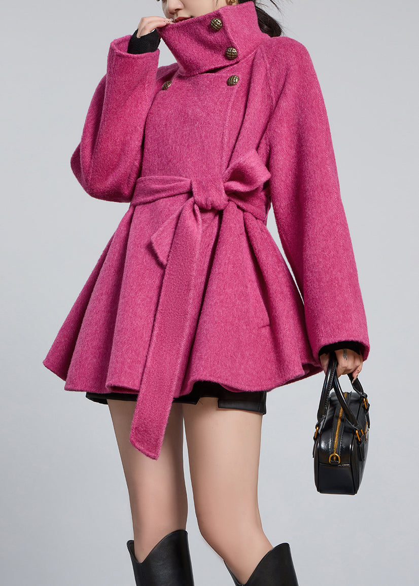 Loose Rose Stand Collar Button Tie Waist Wool Coats Winter