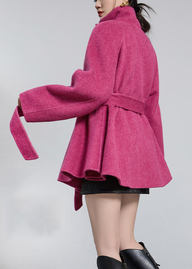 Loose Rose Stand Collar Button Tie Waist Wool Coats Winter