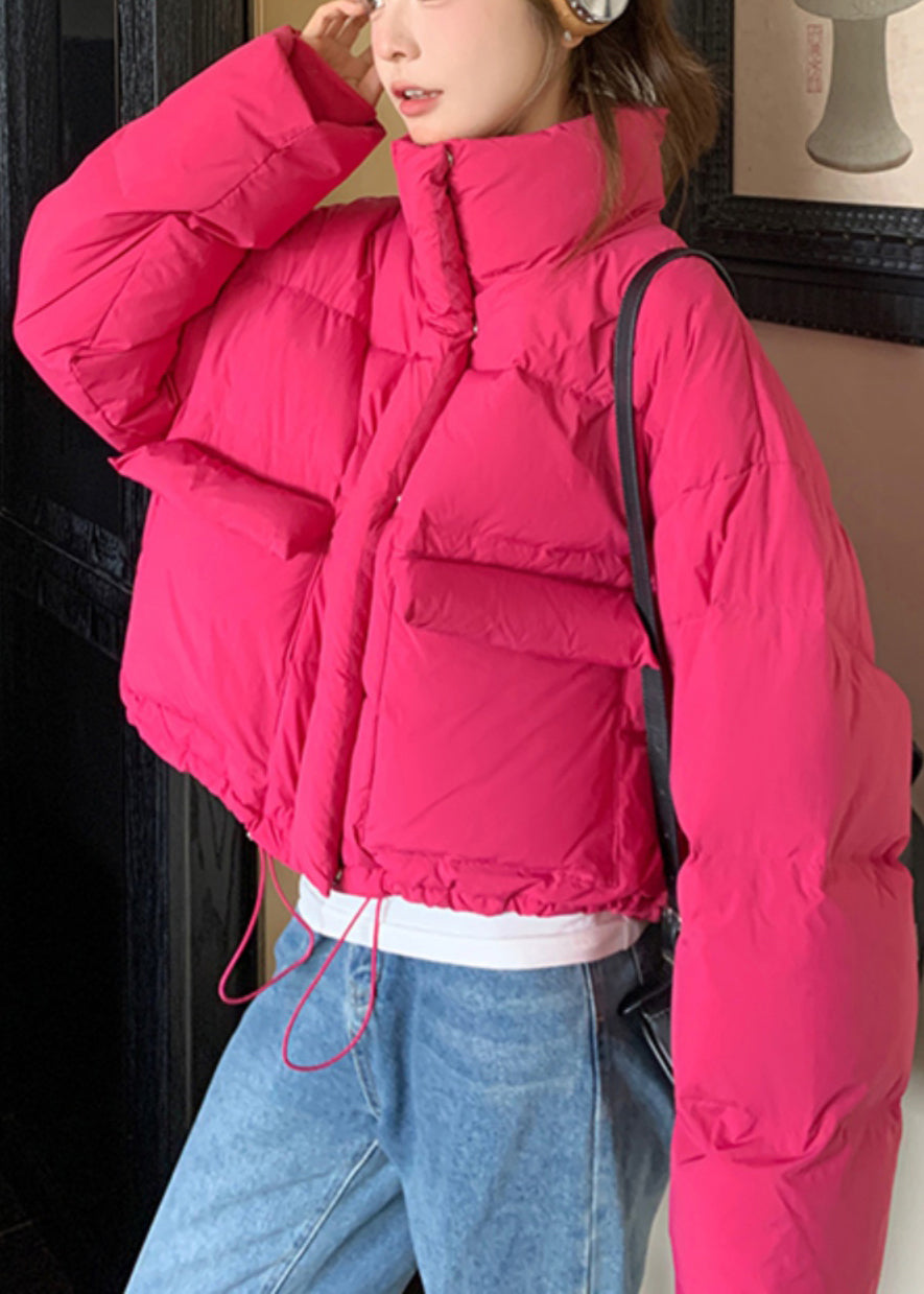 Loose Rose Stand Collar Pockets Drawstring Duck Down Puffer Coat Winter