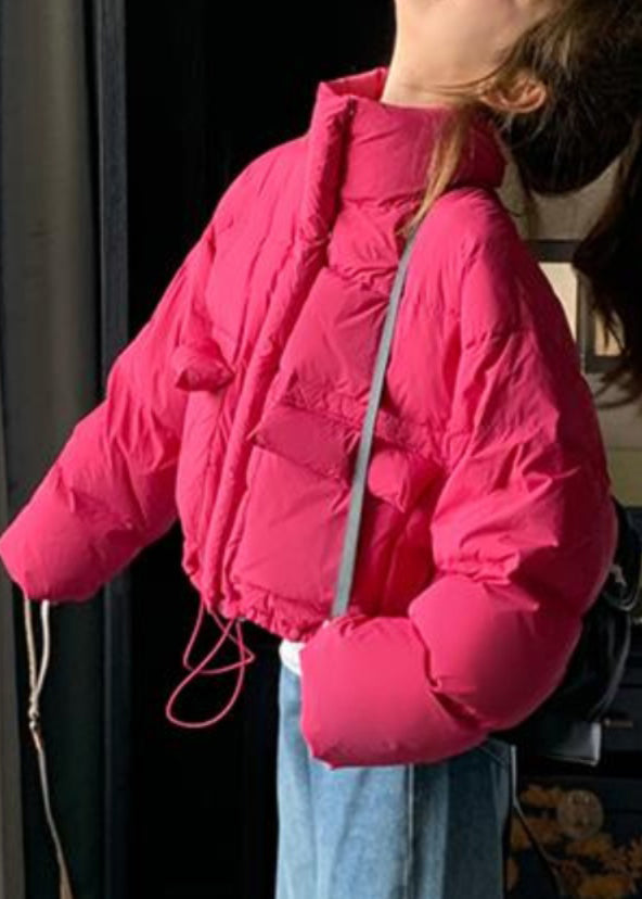 Loose Rose Stand Collar Pockets Drawstring Duck Down Puffer Coat Winter