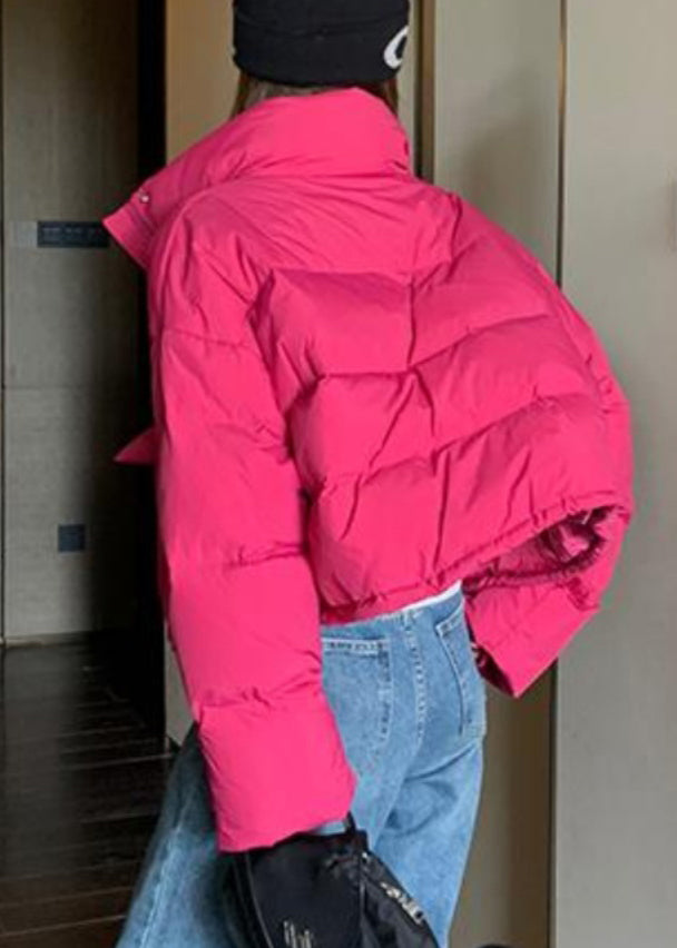 Loose Rose Stand Collar Pockets Drawstring Duck Down Puffer Coat Winter