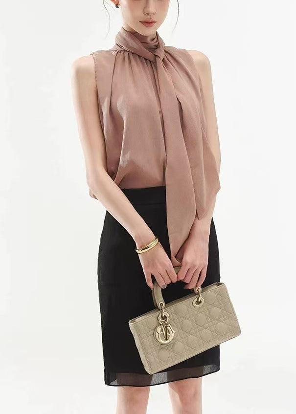 Loose Rubber Powder Bow Tops And Side Open Black Skirts Two Piece Set Sleeveless
